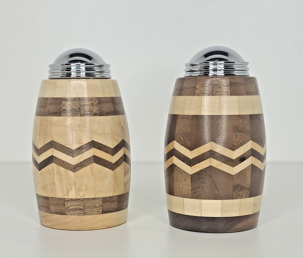 NEW Woodturned Salt & Pepper Shakers Geometric Refillable Metal Tops Handmade